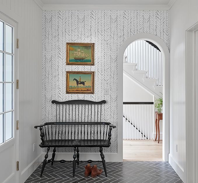 Guvana 16.14"x197" Herringbone Striped Wallpaper Grey and White Modern Contact Paper Self Adhesive Wall Paper Waterproof Removable Wallpaper for Livingroom Bathroom Decor