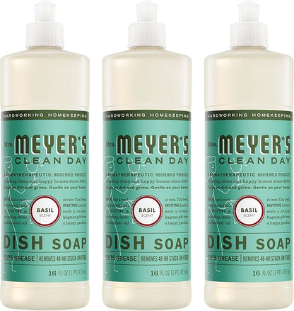 MRS. MEYER'S CLEAN DAY Liquid Dish Soap, Basil Scent, 16 Fl Oz Bottle - 3 Pack