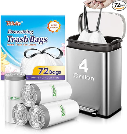 4 Gallon 72 Counts Strong Drawstring Trash Bags Garbage Bags by Teivio, Bathroom Trash Can Bin Liners, Small Plastic Bags for home office kitchen, White