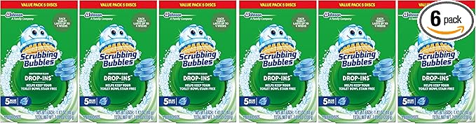 Scrubbing Bubbles Continuous Clean Toilet Drop-Ins, Automatic Blue Toilet Bowl Cleaner, Septic-Safe Tank Tablets Remove Hard Water Minerals & Limescale, Stain & Smell Protection, 5 Count (Pack of 6)
