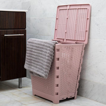 Mind Reader 61L Foldable Laundry Hamper, Clothes Basket, Lid, Wicker Design, Plastic, 18"L x 14.5"W x 21.25"H, Pink
