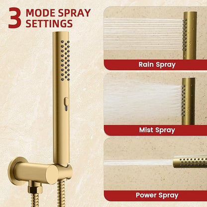 Round Shower Faucet Set with Hydro Power Temperature Display, Shower System Bathroom 12 Inch Shower Head with Handheld Spray, Wall Mounted Shower Fixtures with Shower Valve and Trim Kit, Brushed Gold