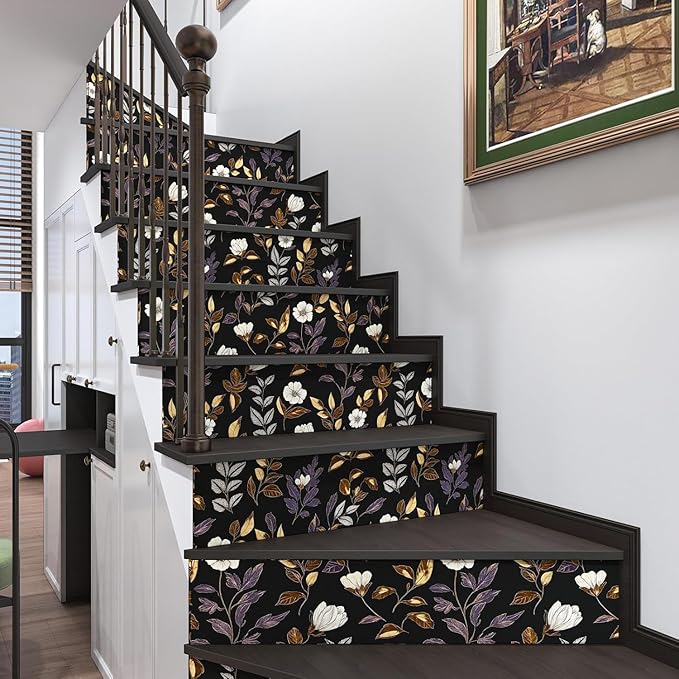 Fvlow Dark Floral Wallpaper Peel and Stick Vintage Gold Leaf Contact Paper Black Floral Wallpaper Waterproof Self-Adhesive Wall Covering for Bedroom Countertop Desk Cabinets 17.4" x 393"