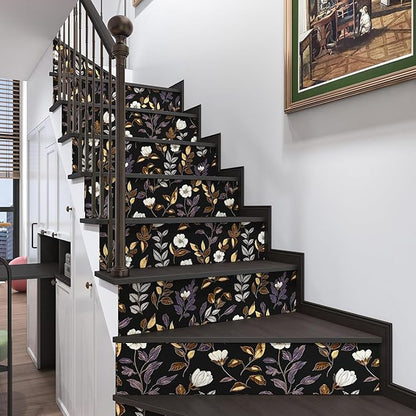 Fvlow Dark Floral Wallpaper Peel and Stick Vintage Gold Leaf Contact Paper Black Floral Wallpaper Waterproof Self-Adhesive Wall Covering for Bedroom Countertop Desk Cabinets 17.4" x 393"