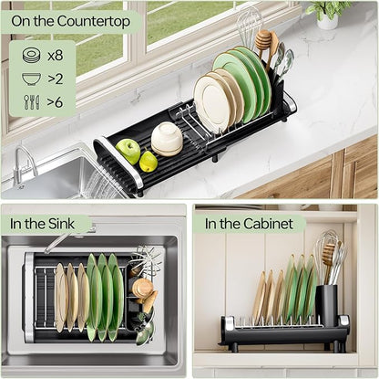 Small Dish Drying Rack, Mini Expandable Compact Dish Rack, Slim Extendable Stainless Steel Dish Drainer for Kitchen Plate Storage, Space Saving Dish Strainer in Sink or on Home Countertop, Matte Black