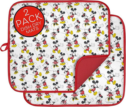 Disney Dish Drying Mats for Kitchen Counter (2 Pack) – 16" x 18" Absorbent Kitchen Drying Mats for Dishes – Mickey & Minnie, Winnie the Pooh, & Stitch Dish Mats