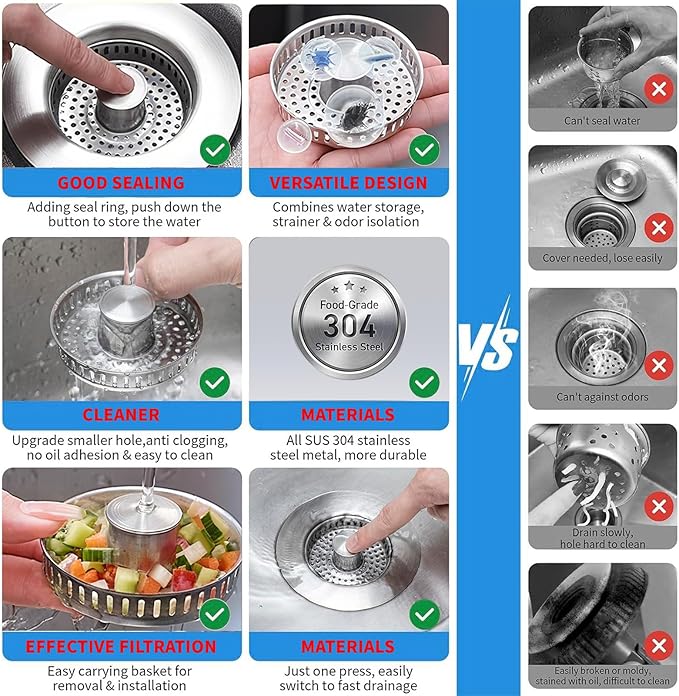 3-in-1 Kitchen Sink Drain Strainer & Sink Stopper 2 Pack : 304 Stainless Steel Sink Drain Strainer, Pop-Up Anti-Clog Design, Fits Standard 3-1/2'' Sink Drains