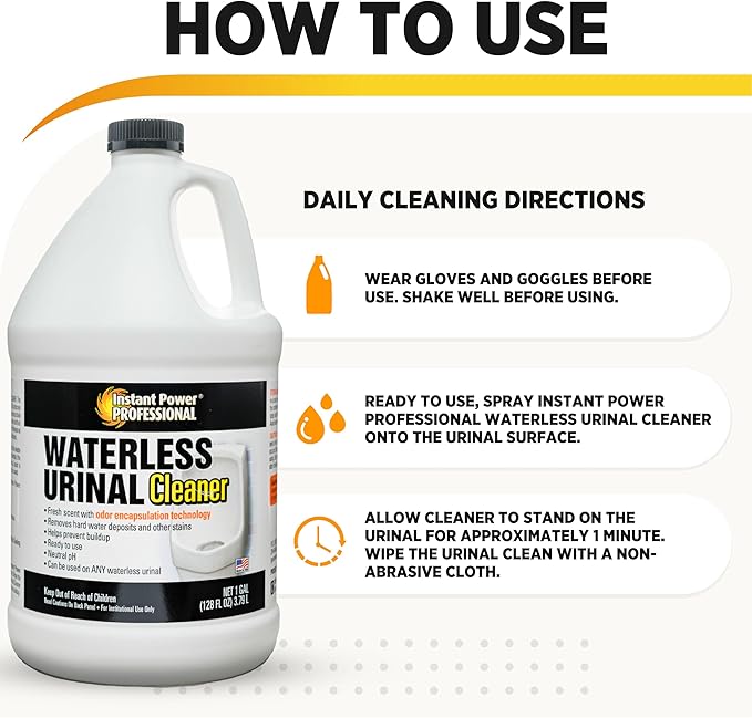 Instant Power Professional Waterless Urinal Cleaner – Removes Hard Water Deposits and Other Stains, Prevents Drain Buildup, Ready to Use, 1 Gal