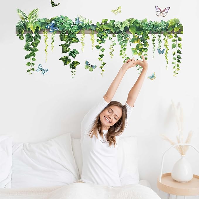 Nature Green Plants Peel and Stick Wall Decals Wallpaper, Removable Wall Decals Shelves Green Plants Vinyl Art Wall Stickers & Murals for Living Room Kitchen Bathroom Decoration (B-Green)