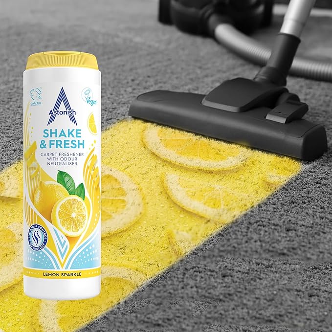 Astonish 350g Shake Fresh Lemon Sparkle Carpet Powder Odor Remover - Pet Smell Deodorizer, Vacuum Safe Citrus Scent, Dry Floor Cleaner, Room Refresher, Home Fragrance, Easy to Use Powder