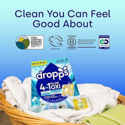 Dropps 4-in-1 Plus Oxi Laundry Detergent Pods, Crisp Breeze (63 Count) - Laundry Pods | Advanced Odor Defense | Fights Stains | Whitens & Brightens | Clean Ingredients | Plastic Free Packaging