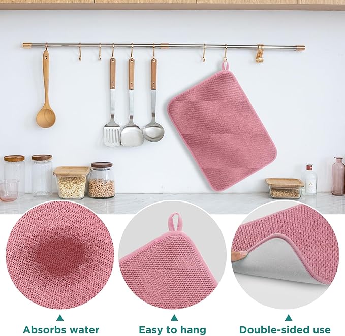 GeeRic Microfiber Dish Drying Mat, Super Absorbent Kitchen Dish Drying Pad for Mother's Day, Reversible Gift Mats for Countertop, 15 * 20 inch Pink