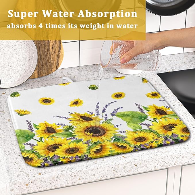 Sunflower Dish Drying Mat for Kitchen Counter 18x16 Inch Floral Lavender Drying Mat with Absorbent Reversible Microfiber Season Spring Summer Dish Drainer Mats Rack Pad for Coffee Countertop Protector
