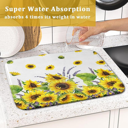 Sunflower Dish Drying Mat for Kitchen Counter 18x16 Inch Floral Lavender Drying Mat with Absorbent Reversible Microfiber Season Spring Summer Dish Drainer Mats Rack Pad for Coffee Countertop Protector