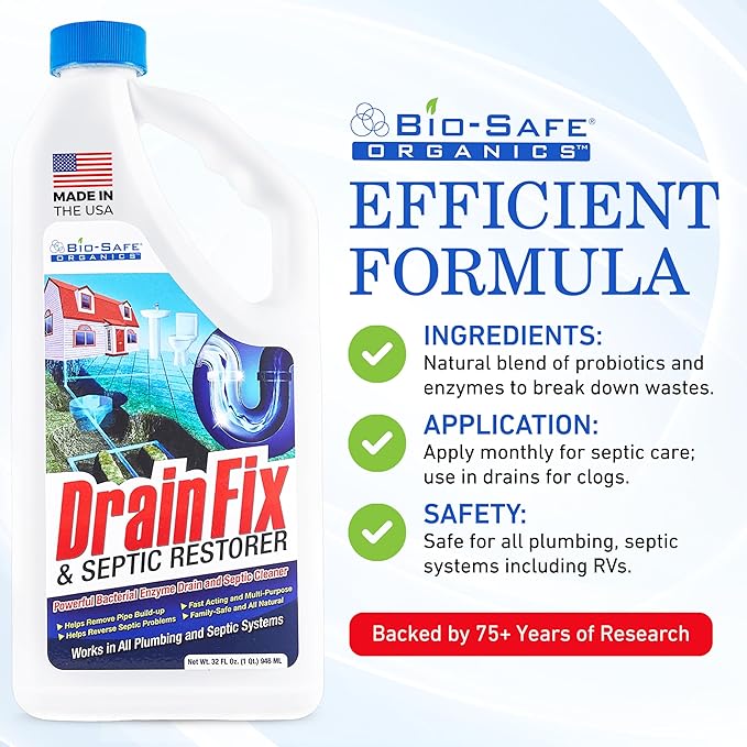 DrainFix & Septic Restorer – 32 oz Enzyme Septic Tank Treatment & Drainfield Restoration – Organic Drain Cleaner for Sewer Lines, RV & Home Plumbing – Safe for Pipes & Septic Systems