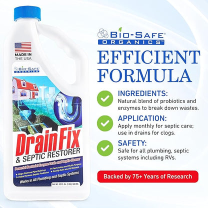 DrainFix & Septic Restorer – 32 oz Enzyme Septic Tank Treatment & Drainfield Restoration – Organic Drain Cleaner for Sewer Lines, RV & Home Plumbing – Safe for Pipes & Septic Systems