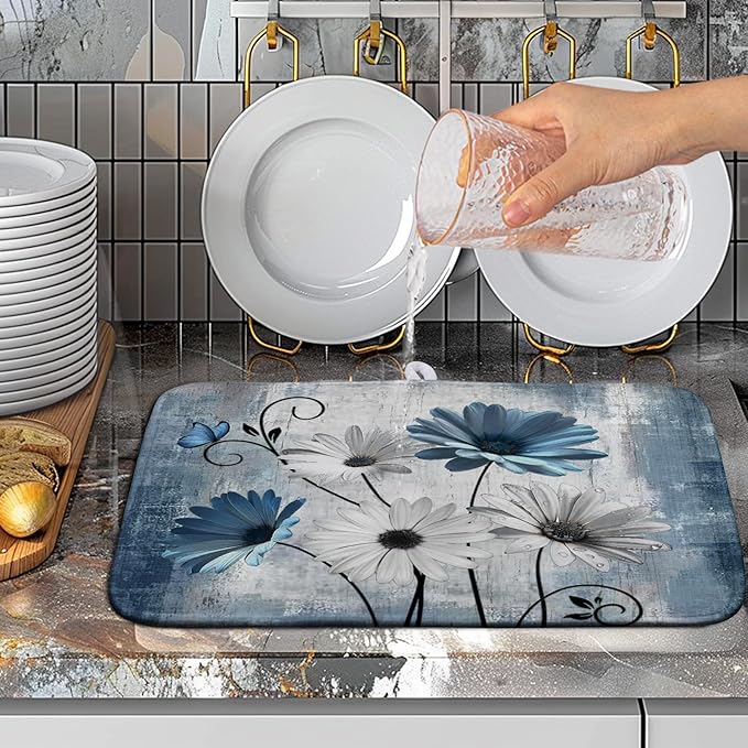 Dish Drying Mat for Kitchen Counter 16x18 Inch Blue Grey Daisy Drying Pads Rustic Vintage Floral Dish Dry Mat Microfiber Absorbent Farmhouse Dish Drainer Mat Flowers Dish Drainer Rack Mat