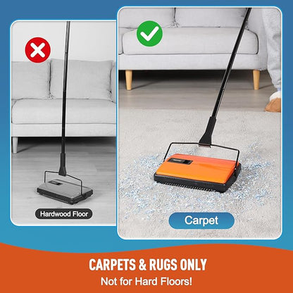 Manual Carpet Sweeper for Pet Hair - Rotating Brush Floor Sweeper, Lightweight Push Broom for Classroom Rugs, Non-Electric Lint & Crumb Cleaner, Easy-Dump Dustbin, No Batteries Needed
