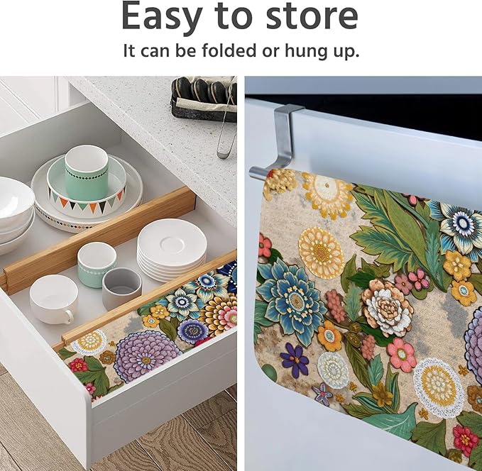 Dish Drying Mat for Kitchen Counter 16x18 Inch, Super Absorbent Dish Drainer Mat, Decorative Microfiber Dishes Drying Pad-Small(Luxurious flowers)
