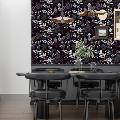 Laatse Vintage Purple Wallpaper Peel and Stick Dark Floral Wallpaper 17.5'' x 118'' Purple Leaf Contact Paper Vinyl Waterproof Self Adhesive Boho Botanical Wall Paper for Bedroom Cabinet Décor