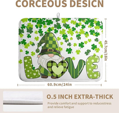 St Patrick's Day Gnomes Dish Drying Mat Shamrock Green Spring Kitchen Dish Drying Pad Absorbent Dish Dryer Mat for Kitchen Countertops Microfiber Dishes Drainer Pad Dish Drying Rack Mat (18x24 in)