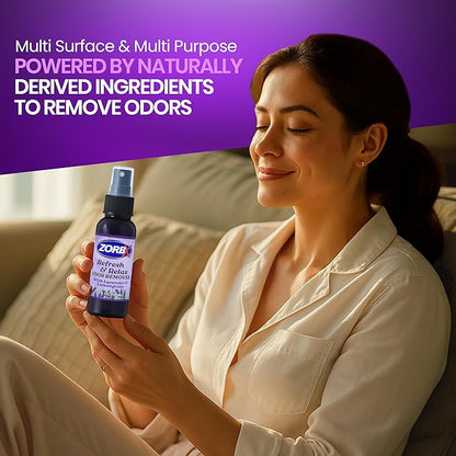 ZORBX Refresh & Relax 2 Oz Odor Remover Spray with Lavender & Lemongrass – Permanent Solution Room Freshener & Air Freshener Spray for Home, Bathroom, Furniture, Carpet, Car, Gym & Laundry