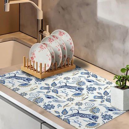 Blue and White Floral Tiger Dish Drying Mat, Chinoiserie Tiger Coffee Bar Mat for Countertops, Abstract Flower Absorbent Dish Drying Mats for Kitchen Counter Coffee Maker, 16x24 Inch