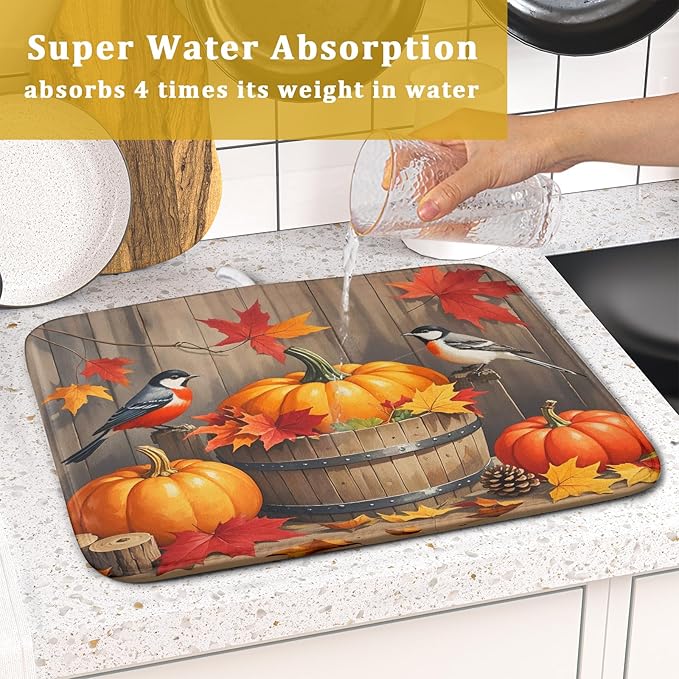 Fall Dish Drying Mat for Kitchen Counter 16x18 Autumn Pumpkin Birds Harvest Theme Thanksgiving Absorbent Reversible Microfiber Drying Mats Kitchen Countertop Protector Dishes Drainer Pad