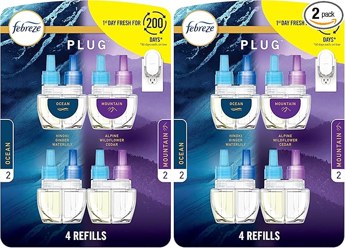 Febreze Plug In Air Freshener, Odor-Fighting Scented Oil Refill, Air Fresheners for Home & Bathroom and Kitchen,Long Lasting for Strong Odors,Ocean & Mountain Scents,0.87oz Refills,4 Count (Pack of 2)