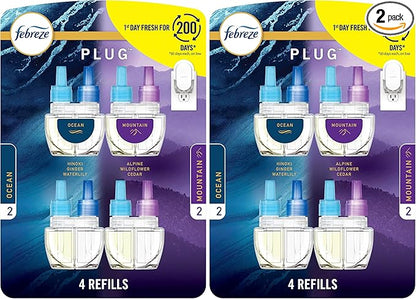 Febreze Plug In Air Freshener, Odor-Fighting Scented Oil Refill, Air Fresheners for Home & Bathroom and Kitchen,Long Lasting for Strong Odors,Ocean & Mountain Scents,0.87oz Refills,4 Count (Pack of 2)