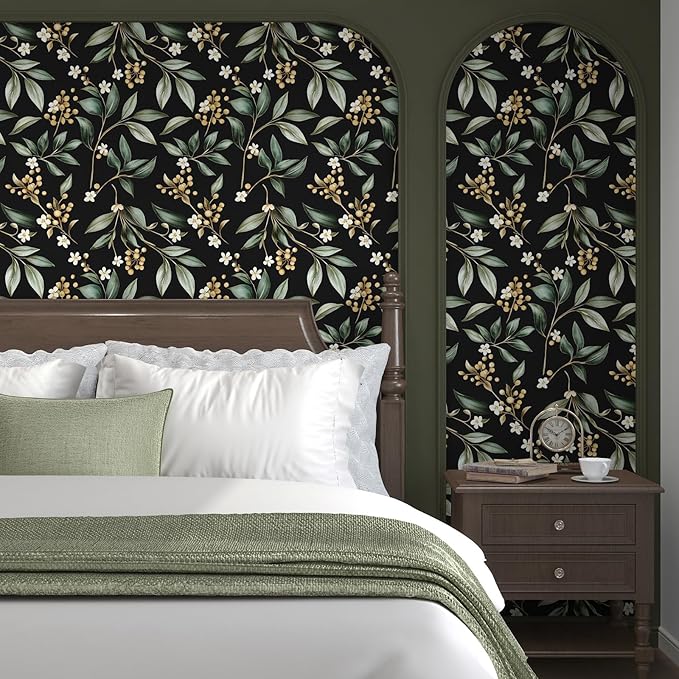 Vintage Leaf Peelable Wallpaper, Black Green Leaf Botanical DIY Craft Self-Adhesive Contact Paper for Cabinet Drawer Decor, Vinyl Wall Paper Dark Green Wall Cover Decor 17.5" x 78"