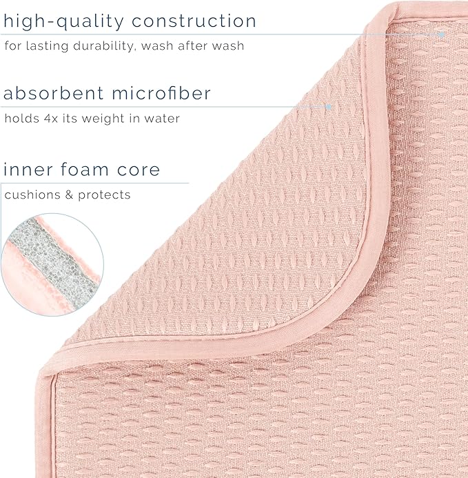 S&T INC. Dish Drying Mat, 16” x 18”, Absorbent Microfiber Kitchen Counter Mat, Drying Pad for Dishes, Utensils, Pots and Pans, Large, Diamond Texture, Pink