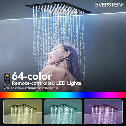 Celling Mount 64 Color LED Mood Lighting Dual Rainfall Shower Head Faucet, 12 Inch Rainfall Shower System (Matte Black)