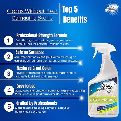 Black Diamond Stoneworks Ultimate Grout Cleaner for Tile Floors — Acid-Free Deep Cleaner Removes Grease, Dirt & Soap Scum Without Damaging Grout — Safe for Marble and All Natural Stone (1-Quart)