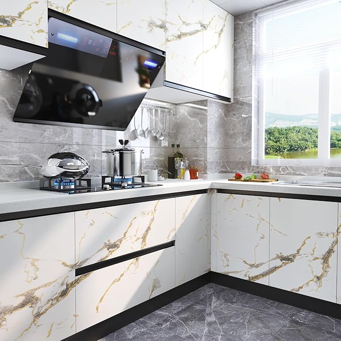 LACHEERY Thick White Marble Peel and Stick Wallpaper White and Gold Wallpaper for Kitchen Accent Wall Paper Counter Cover Peel and Stick Countertop Contact Paper Waterproof Matte Marble Roll 12"x160"