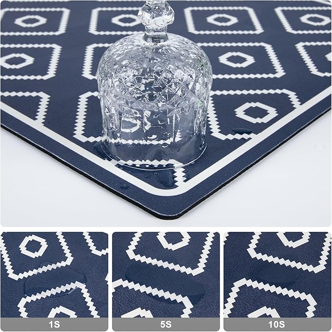 SUEH DESIGN Dish Drying Mat, Absorbent Coffee Mat 23.6 x 15.7 in Quick Dry Drying Mats Large Coffee Mat for Coffee Bar Kitchen Countertop, Dark Blue