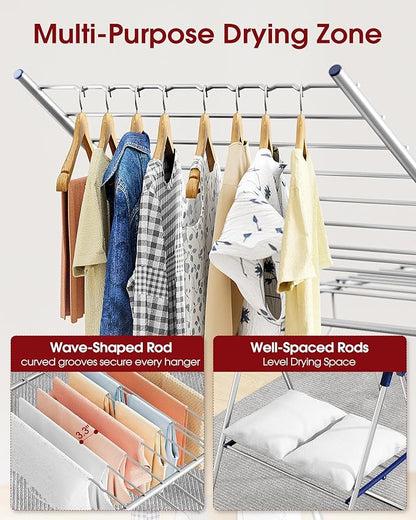 Clothes Drying Rack with Height-Adjustable Wings, Metal Foldable Laundry Dryer Stand for Clothing & Bedding, Free-Standing Collapsible for Indoor & Outdoor Use, 55.5" L × 22.8" W, Silver Blue