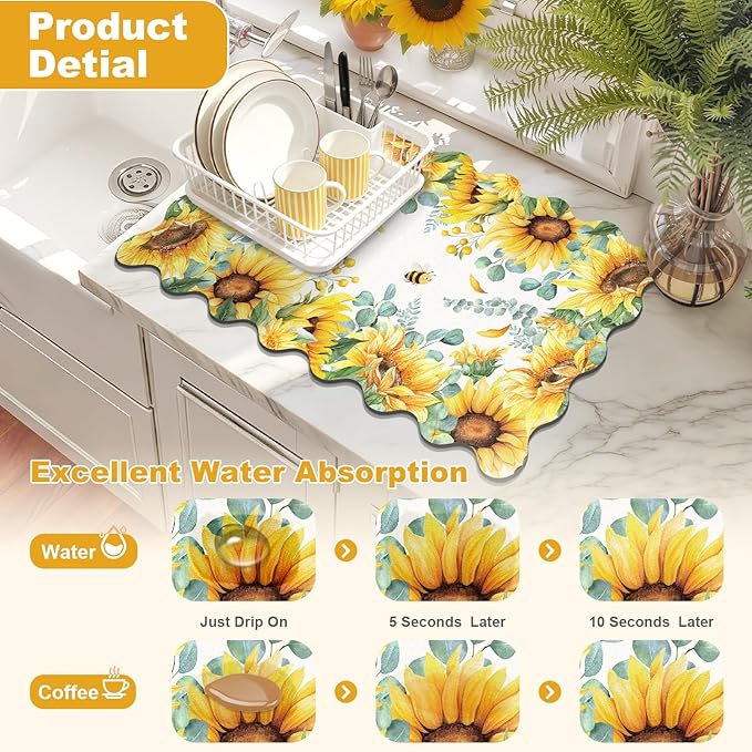 LOKHOM Scalloped Floral Dish Drying Mat, 18"x24" Super Absorbent Coffee Mat with Watercolor Yellow Sunflowers, Cuttable Hide Stain Non-slip Drying Mat for Kitchen Counter Coffee Maker Espresso Machine