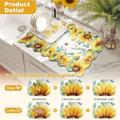 LOKHOM Scalloped Floral Dish Drying Mat, 18"x24" Super Absorbent Coffee Mat with Watercolor Yellow Sunflowers, Cuttable Hide Stain Non-slip Drying Mat for Kitchen Counter Coffee Maker Espresso Machine