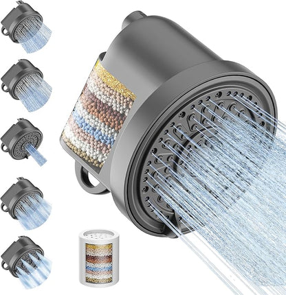 Filtered Shower Head with 30 Stage Water Softener Filter, 6 Inch High Pressure Showerhead for Hard Water, 5 Spray Modes to Remove Chlorine & Heavy Metals, Easy Install Fixed Shower Head