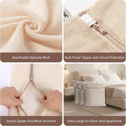 100% Pure Cotton Mesh Laundry Bags, Premium Soft, No Dye, Natual,Set of 3(XXL)