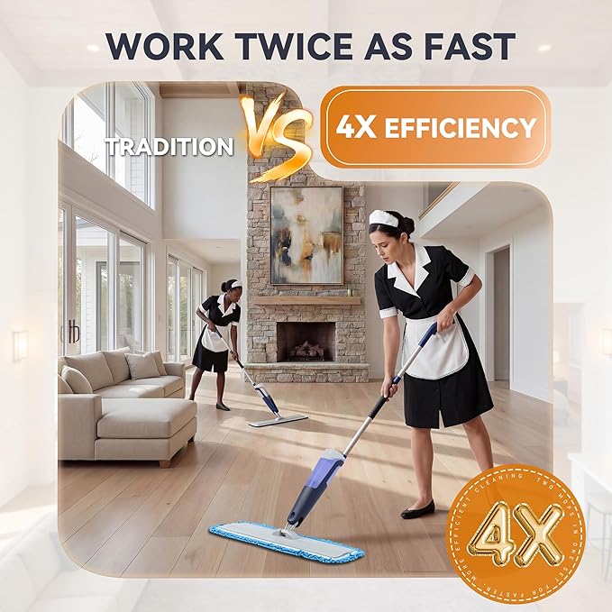 24" Dry mops for Floor Cleaning, Microfiber mop Spray System, Commercial Heavy-Duty Wet mops with 28oz Big Tank, 2 Washable Pads (Commercial Blue, 24inch-2Pack)