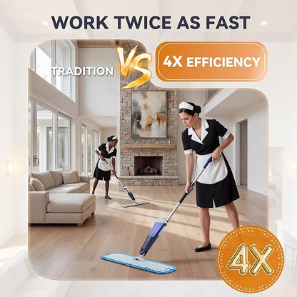 24" Dry mops for Floor Cleaning, Microfiber mop Spray System, Commercial Heavy-Duty Wet mops with 28oz Big Tank, 2 Washable Pads (Commercial Blue, 24inch-2Pack)