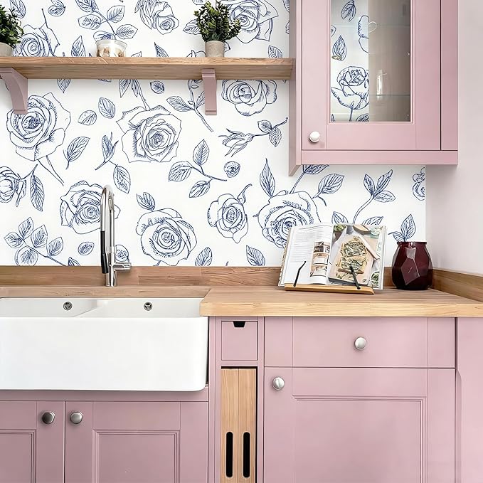 Timeet 17.7In ×78.7In Peel and Stick Wallpaper, Blue and White Floral Peel and Stick Wallpaper Boho Contact Paper Removable Self Adhesive Bedroom Cabinet Mural Wall Decor Vinyl Roll