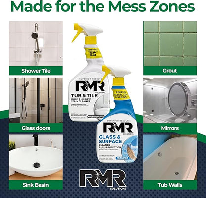 RMR Flawless Finish Bathroom Bundle – Tub & Tile Cleaner + Glass & Surface Cleaner Plus Repellent, 2-Step System for Shower, Tub, Tile, Grout, Glass Doors, & Mirrors, 2–32 Oz Bottles