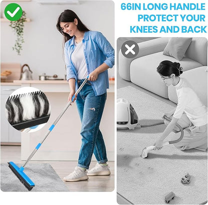 Carpet Rake for Pet Hair Removal, 4-in-1 Reusable Carpet Broom, 66" Adjustable Long Handle Carpet Rake with Squeegee,Rubber Edge Broom Rug for Hardwood Floors, Mats and Couches