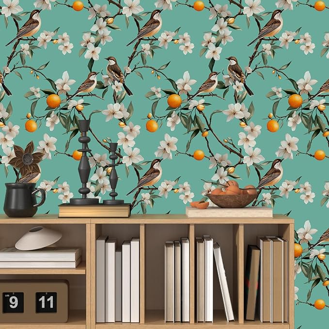 Teal White Bird Floral Wallpaper Peel and Stick, Fresh Orange Tree Contact Paper, Self Adhesive Removable Retro Flower Wall Mural Wall Paper for Room Walls Shelves Cabinet Table Decor 17.5" x 118"