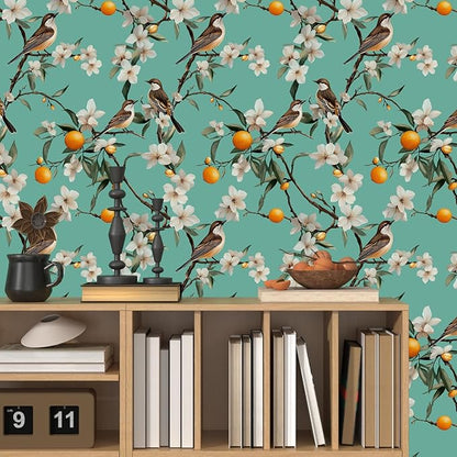 Teal White Bird Floral Wallpaper Peel and Stick, Fresh Orange Tree Contact Paper, Self Adhesive Removable Retro Flower Wall Mural Wall Paper for Room Walls Shelves Cabinet Table Decor 17.5" x 118"
