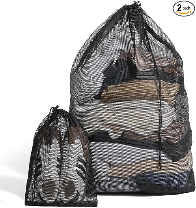 2 Pack Mesh Laundry Bags - Large & Small Heavy Duty Mesh Laundry Bag with Drawstring, Wash Bags for Travel, College, Dorms, Sports, Family, Black