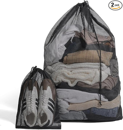 2 Pack Mesh Laundry Bags - Large & Small Heavy Duty Mesh Laundry Bag with Drawstring, Wash Bags for Travel, College, Dorms, Sports, Family, Black